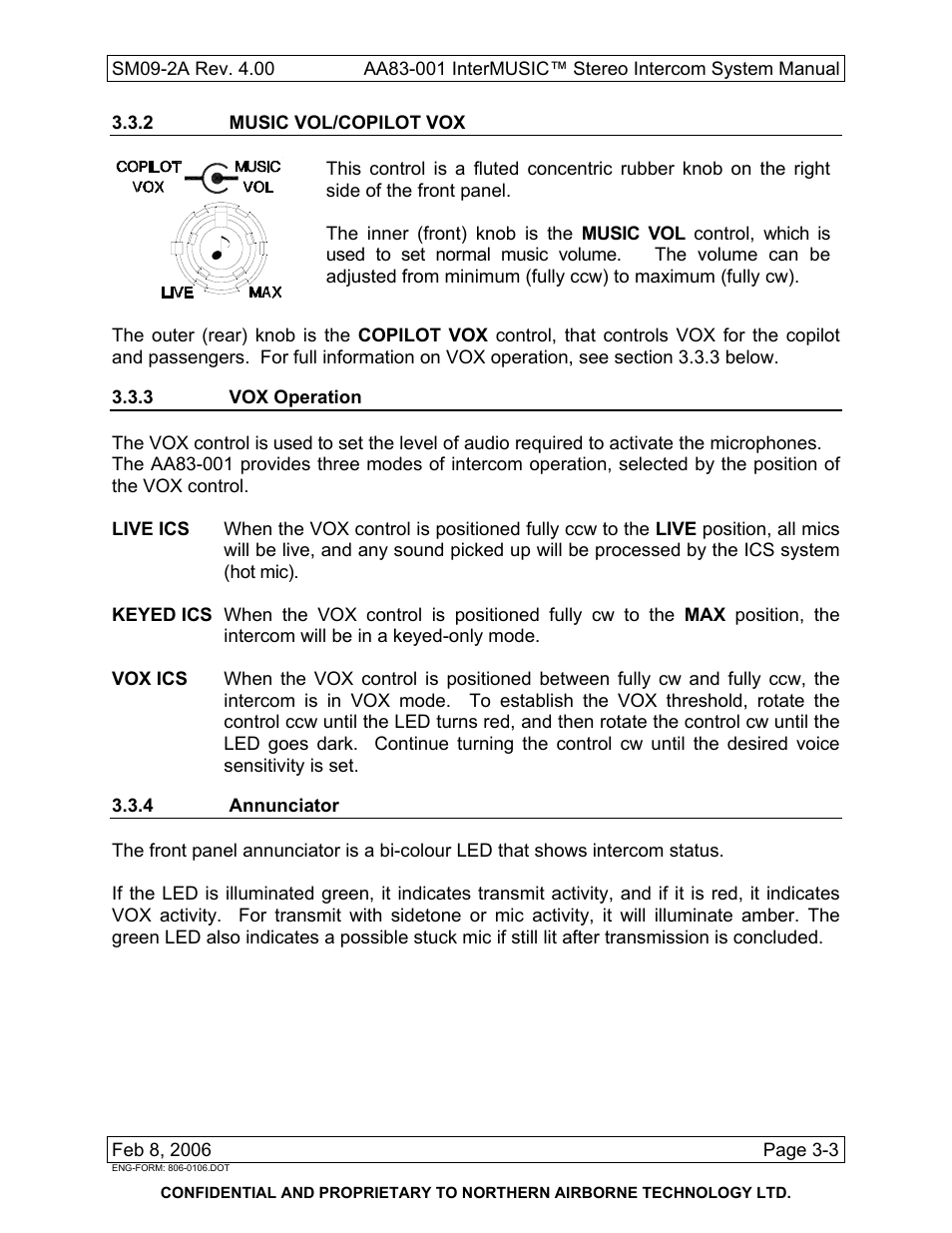 2 music vol/copilot vox, 3 vox operation, 4 annunciator | Northern Airborne Technology AA83-001 rev.4.00 User Manual | Page 37 / 41