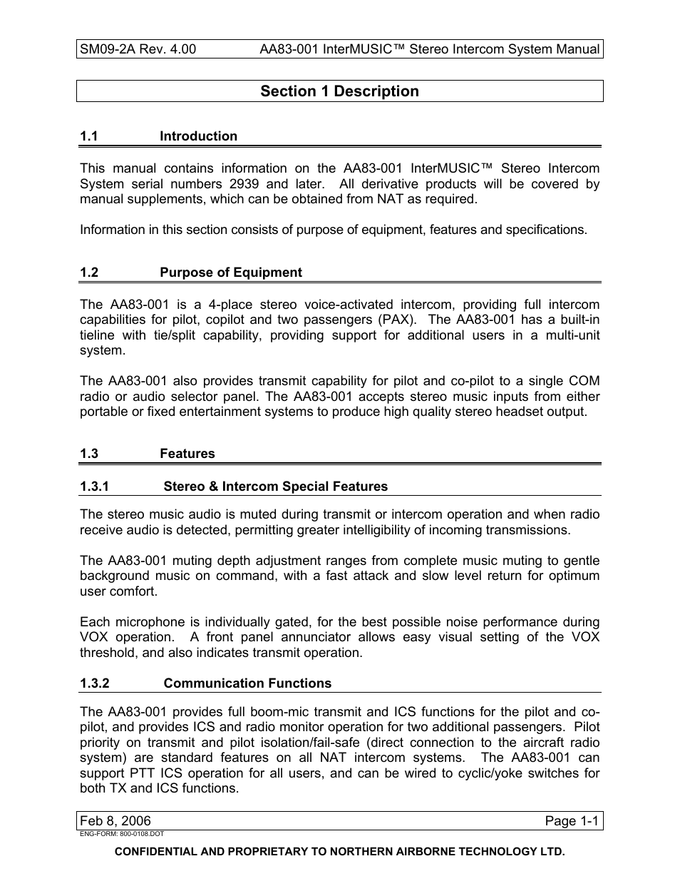 Description, 1 introduction, 2 purpose of equipment | 3 features, 1 stereo & intercom special features, 2 communication functions | Northern Airborne Technology AA83-001 rev.4.00 User Manual | Page 9 / 41