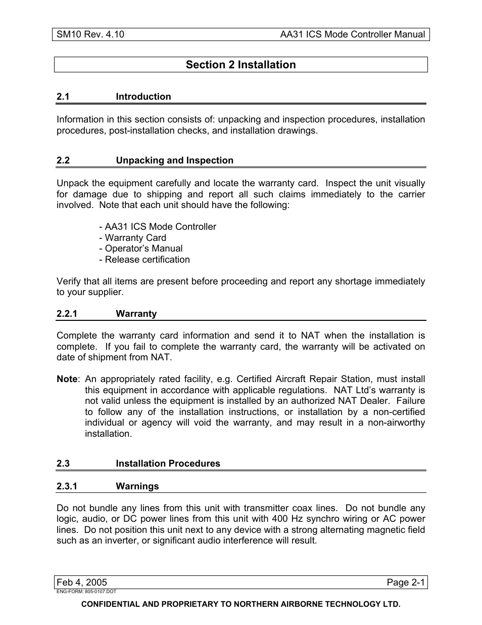 Installation, 1 introduction, 2 unpacking and inspection | 1 warranty, 3 installation procedures, 1 warnings | Northern Airborne Technology AA83-100 User Manual | Page 11 / 32