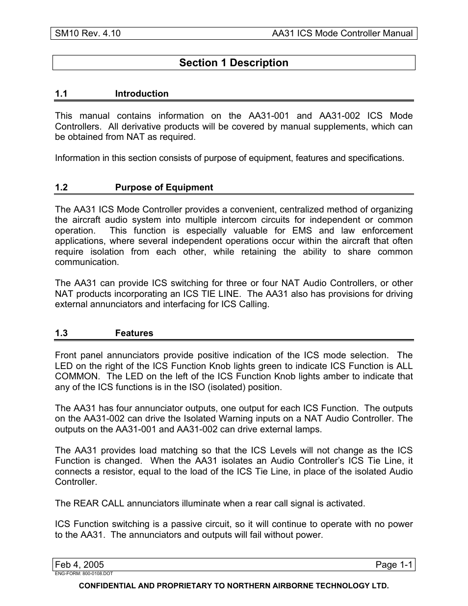 Description, 1 introduction, 2 purpose of equipment | 3 features | Northern Airborne Technology AA83-100 User Manual | Page 7 / 32