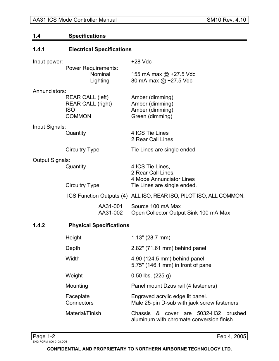 4 specifications, 1 electrical specifications, 2 physical specifications | Northern Airborne Technology AA83-100 User Manual | Page 8 / 32