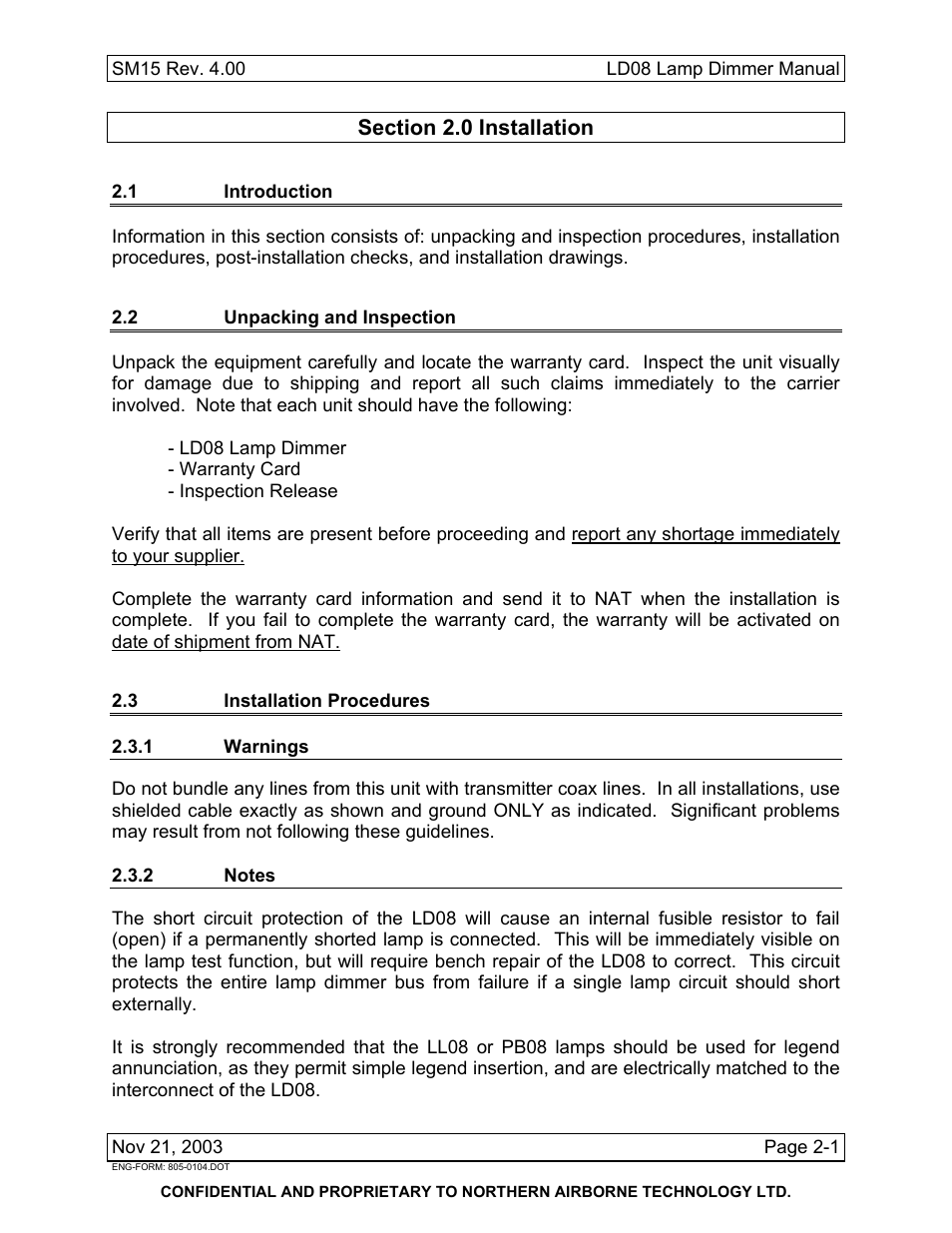 Installation, 1 introduction, 2 unpacking and inspection | 3 installation procedures, 1 warnings, 2 notes | Northern Airborne Technology LD08 User Manual | Page 11 / 28