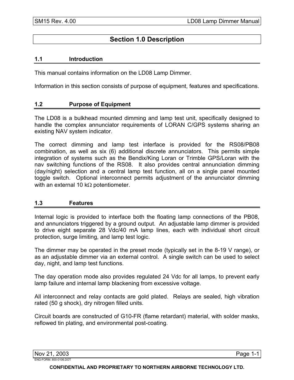 Description, 1 introduction, 2 purpose of equipment | 3 features | Northern Airborne Technology LD08 User Manual | Page 7 / 28