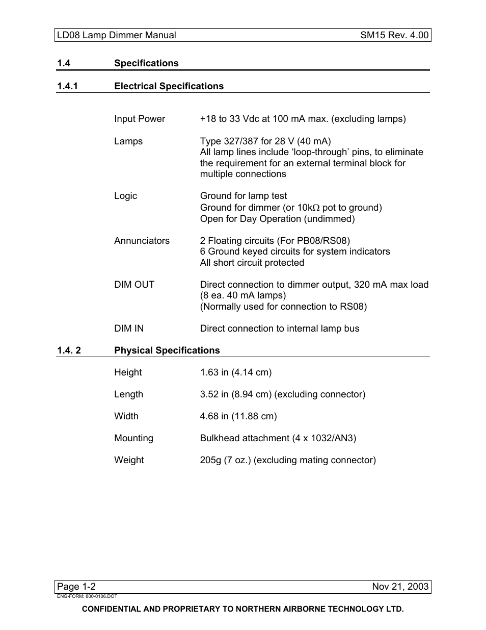 4 specifications, 1 electrical specifications, 2 physical specifications | Northern Airborne Technology LD08 User Manual | Page 8 / 28