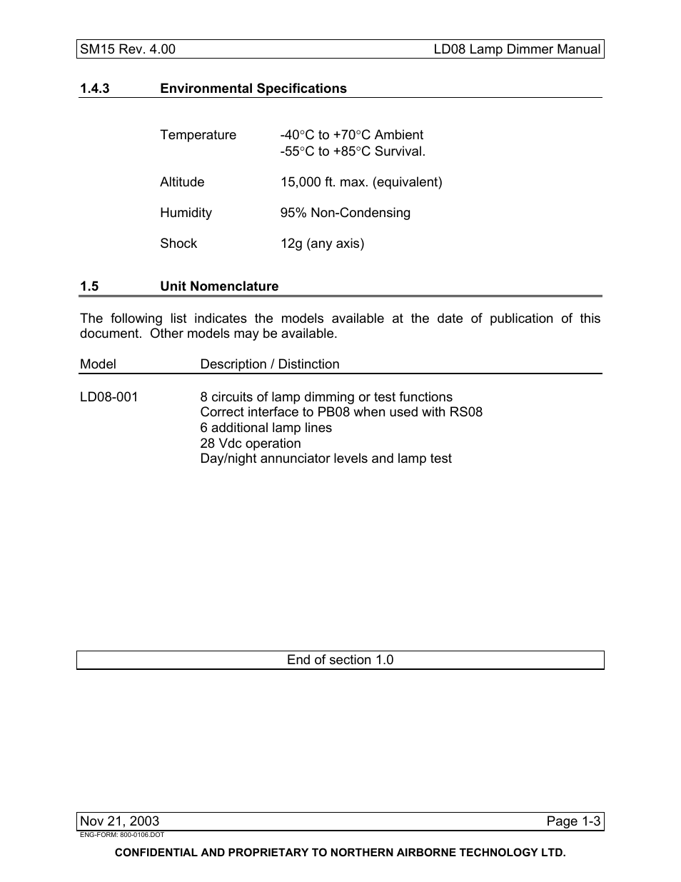 3 environmental specifications, 5 unit nomenclature | Northern Airborne Technology LD08 User Manual | Page 9 / 28