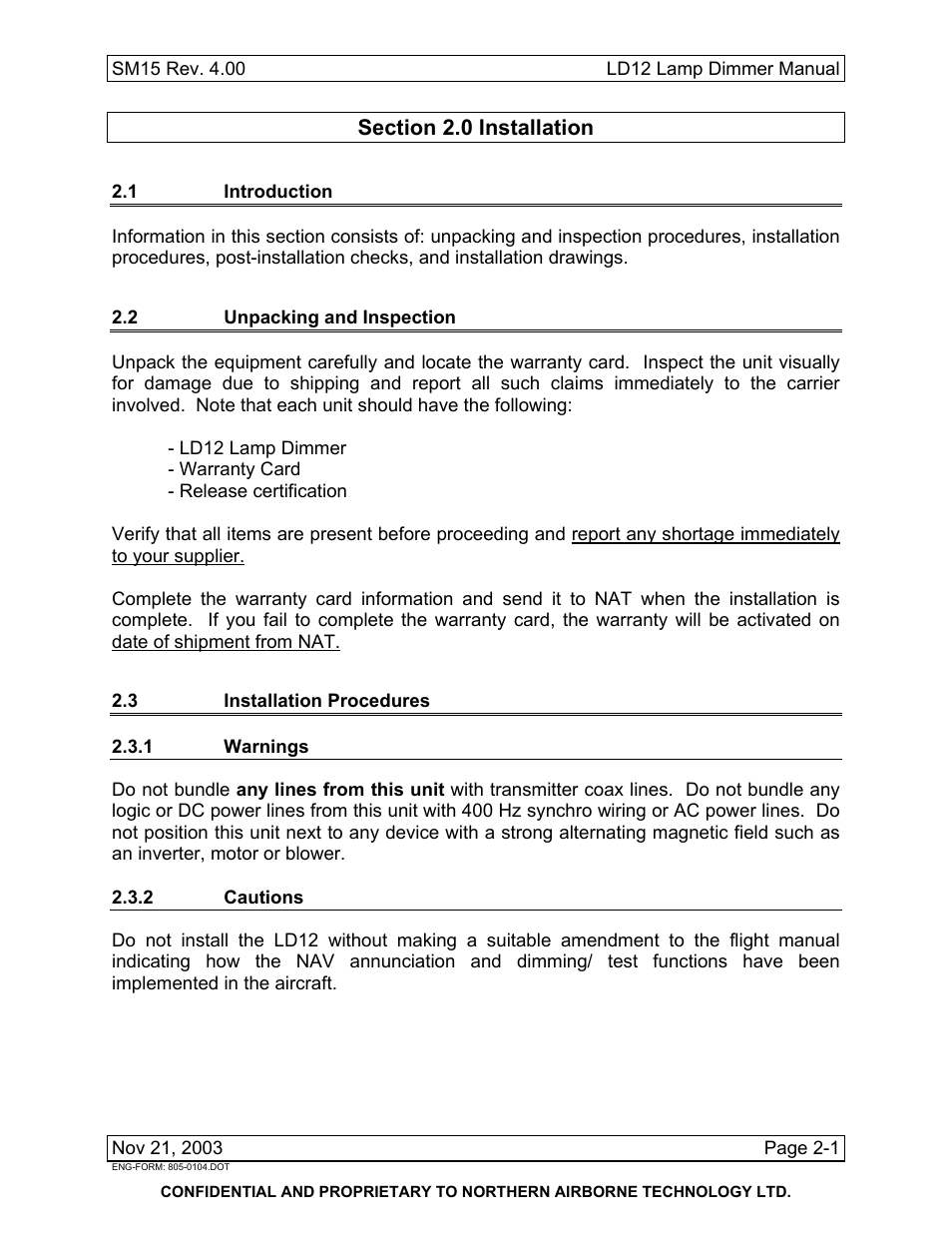 Installation, 1 introduction, 2 unpacking and inspection | 3 installation procedures, 1 warnings, 2 cautions | Northern Airborne Technology LD12 User Manual | Page 11 / 26