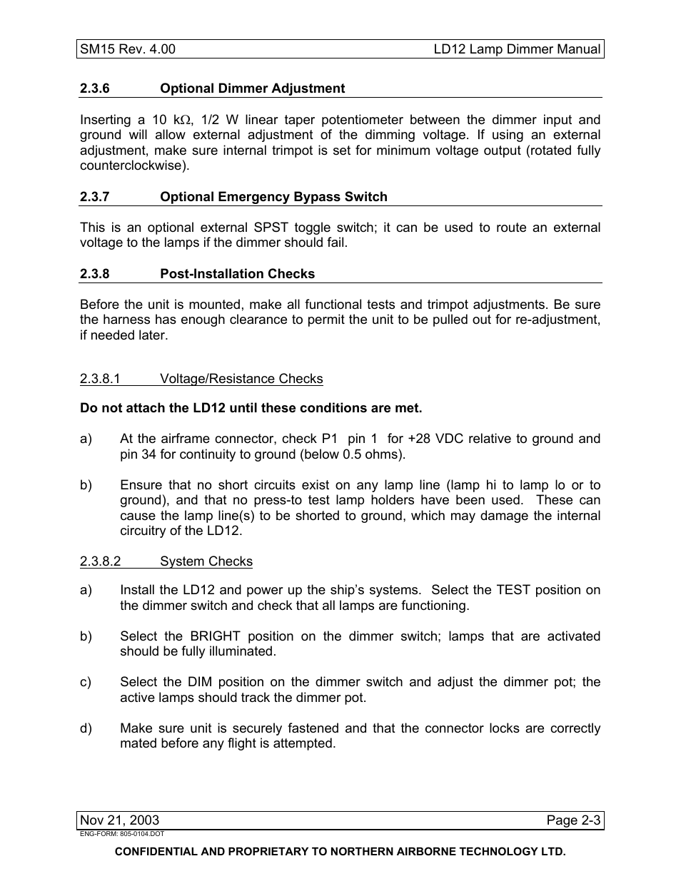 6 optional dimmer adjustment, 7 optional emergency bypass switch, 8 post-installation checks | Northern Airborne Technology LD12 User Manual | Page 13 / 26