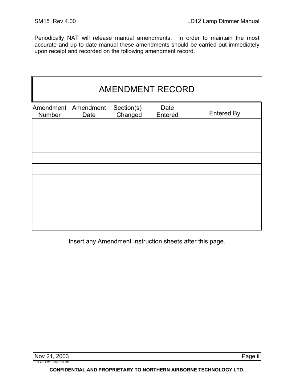 Amendment record | Northern Airborne Technology LD12 User Manual | Page 3 / 26