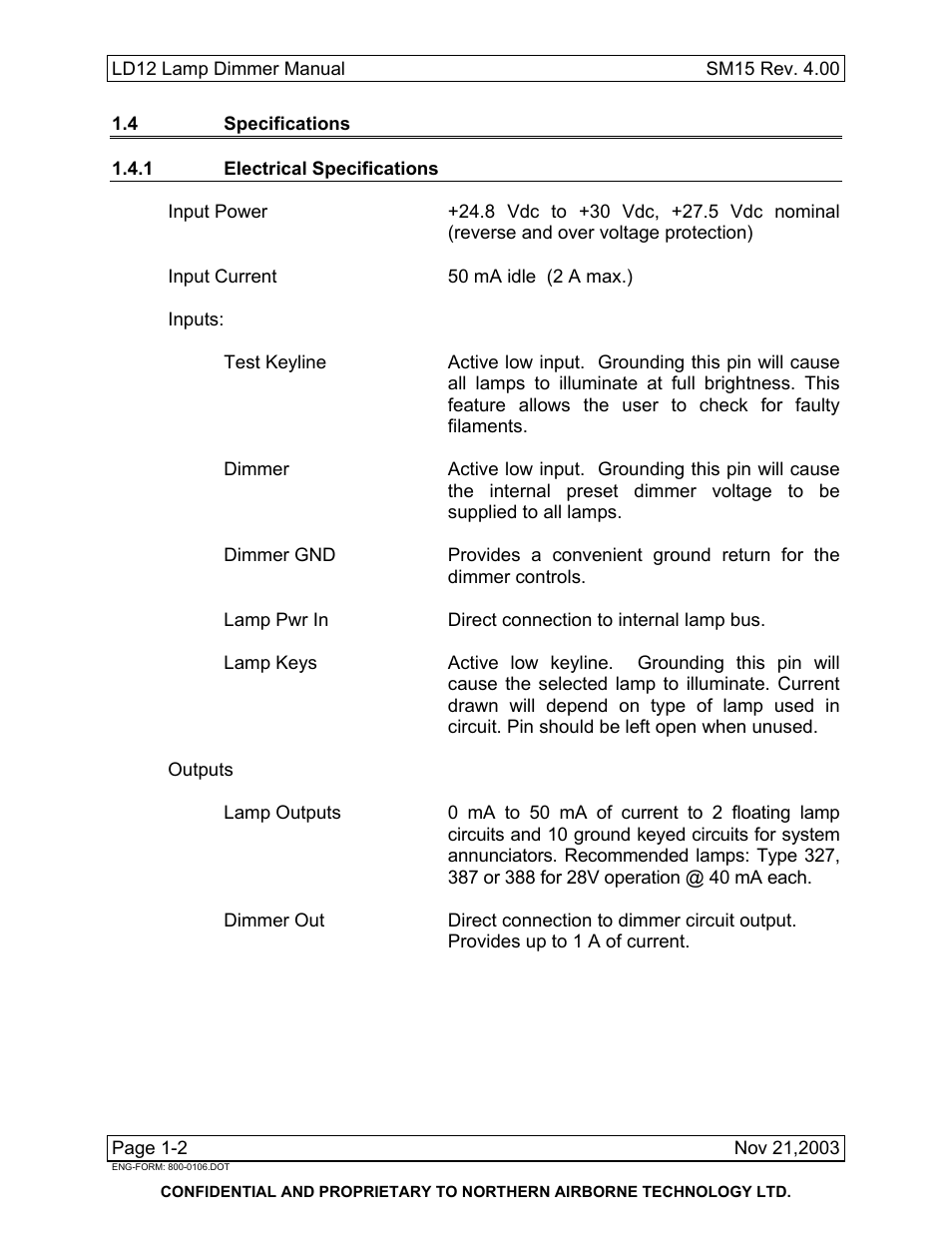 4 specifications, 1 electrical specifications | Northern Airborne Technology LD12 User Manual | Page 8 / 26