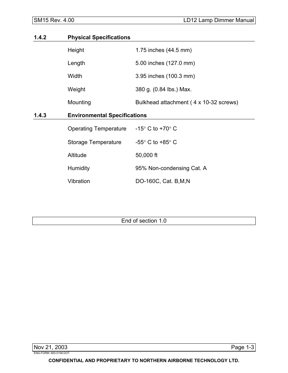 2 physical specifications, 3 environmental specifications | Northern Airborne Technology LD12 User Manual | Page 9 / 26
