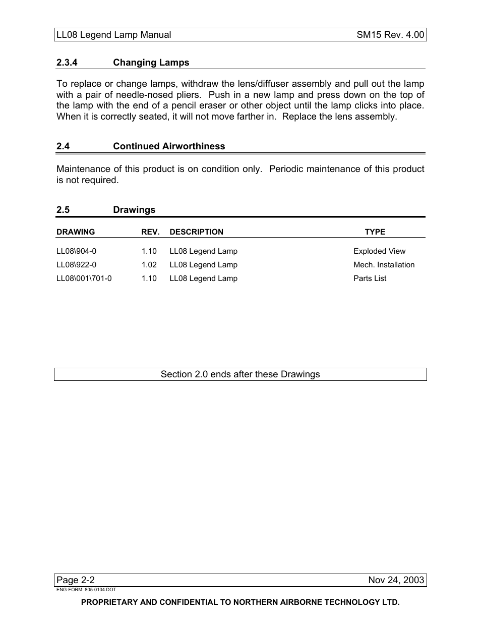 4 changing lamps, 4 continued airworthiness, 5 drawings | Llo8, Ll08\001 | Northern Airborne Technology LL08 User Manual | Page 10 / 16