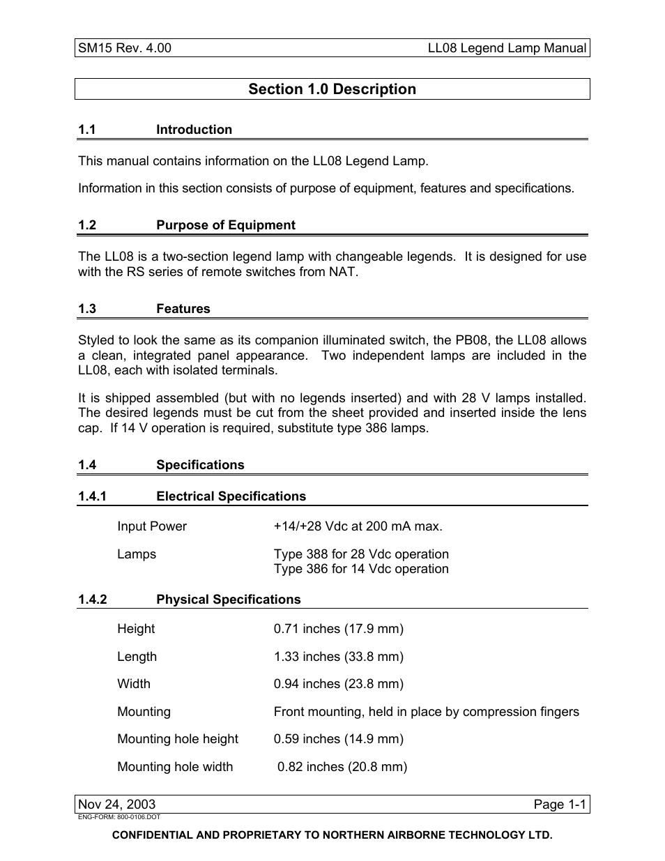 Description, 1 introduction, 2 purpose of equipment | 3 features, 4 specifications, 1 electrical specifications, 2 physical specifications | Northern Airborne Technology LL08 User Manual | Page 7 / 16