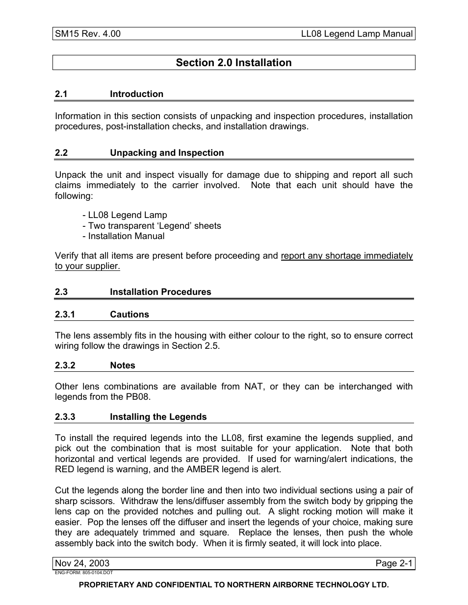 Installation, 1 introduction, 2 unpacking and inspection | 3 installation procedures, 1 cautions, 2 notes, 3 installing the legends | Northern Airborne Technology LL08 User Manual | Page 9 / 16
