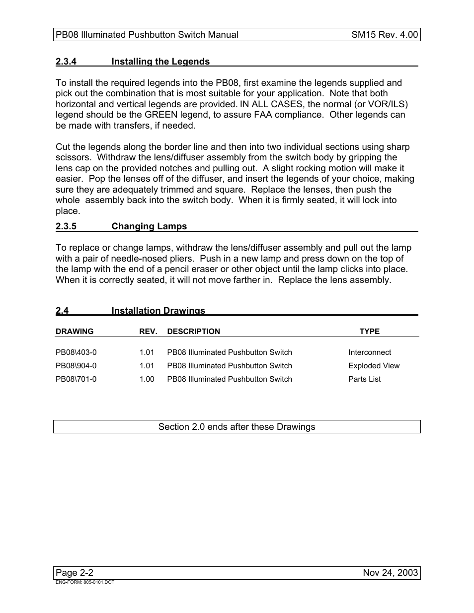 4 installing the legends, 5 changing lamps, 4 installation drawings | Pb08 | Northern Airborne Technology PB08 User Manual | Page 10 / 18