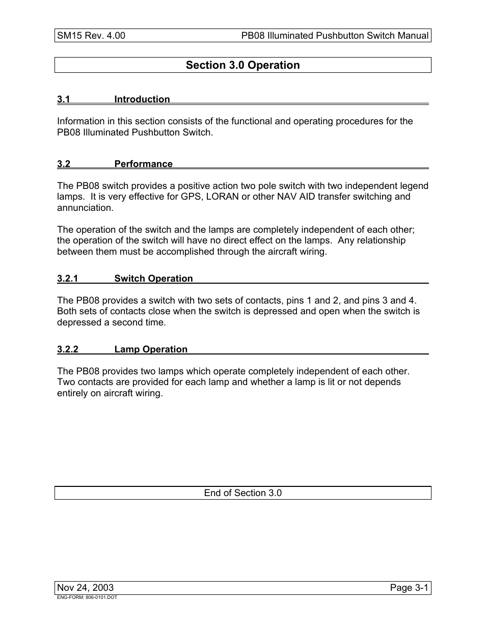 Operation, 1 introduction, 2 performance | 1 switch operation, 2 lamp operation | Northern Airborne Technology PB08 User Manual | Page 17 / 18