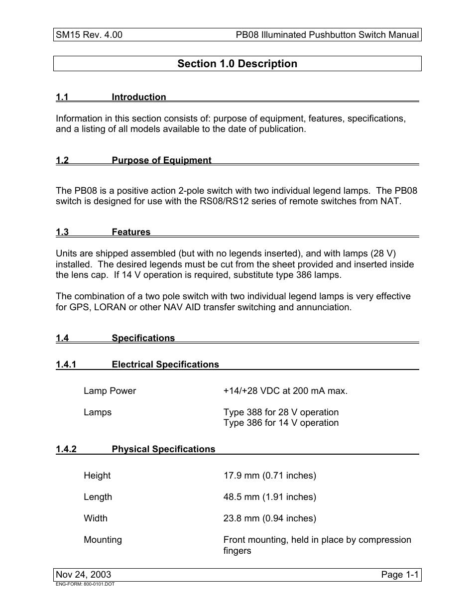 Description, 1 introduction, 2 purpose of equipment | 3 features, 4 specifications, 1 electrical specifications, 2 physical specifications | Northern Airborne Technology PB08 User Manual | Page 7 / 18