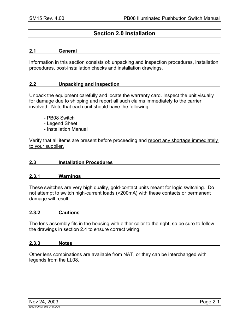 Installation, 1 general, 2 unpacking and inspection | 3 installation procedures, 1 warnings, 2 cautions, 3 notes | Northern Airborne Technology PB08 User Manual | Page 9 / 18