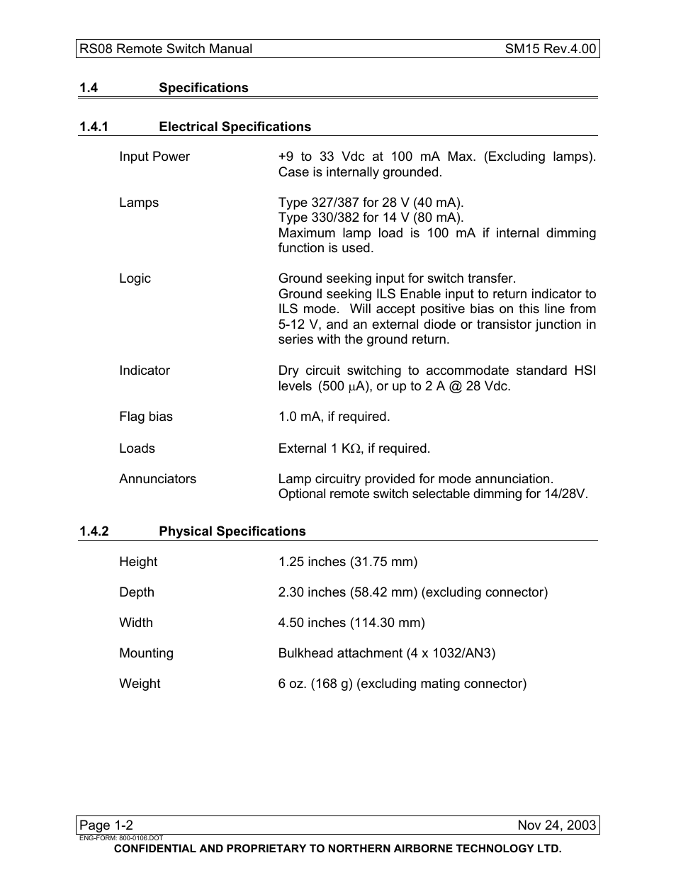 1 4 specifications, 1 electrical specifications, 2 physical specifications | Northern Airborne Technology RS08 User Manual | Page 10 / 34