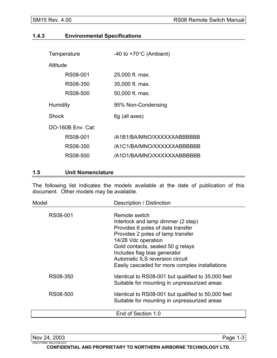 3 environmental specifications, 5 unit nomenclature | Northern Airborne Technology RS08 User Manual | Page 11 / 34