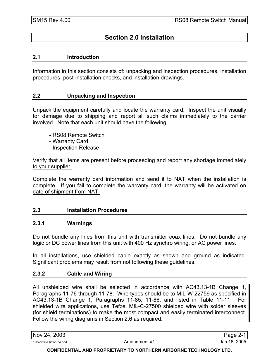 Installation, 1 introduction, 2 unpacking and inspection | 3 installation procedures, 1 warnings, 2 cable and wiring | Northern Airborne Technology RS08 User Manual | Page 13 / 34