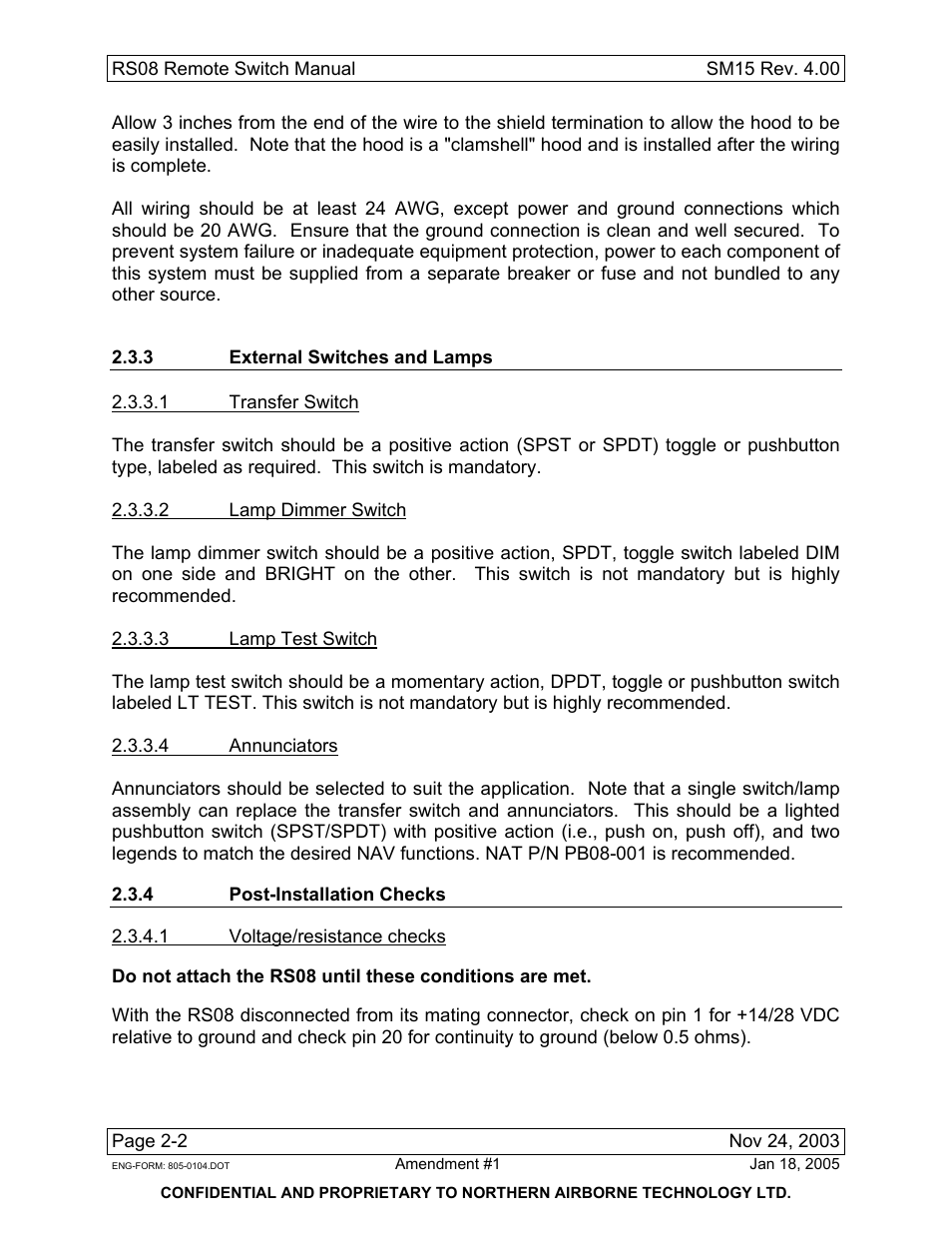 3 external switches and lamps, 4 post-installation checks | Northern Airborne Technology RS08 User Manual | Page 14 / 34