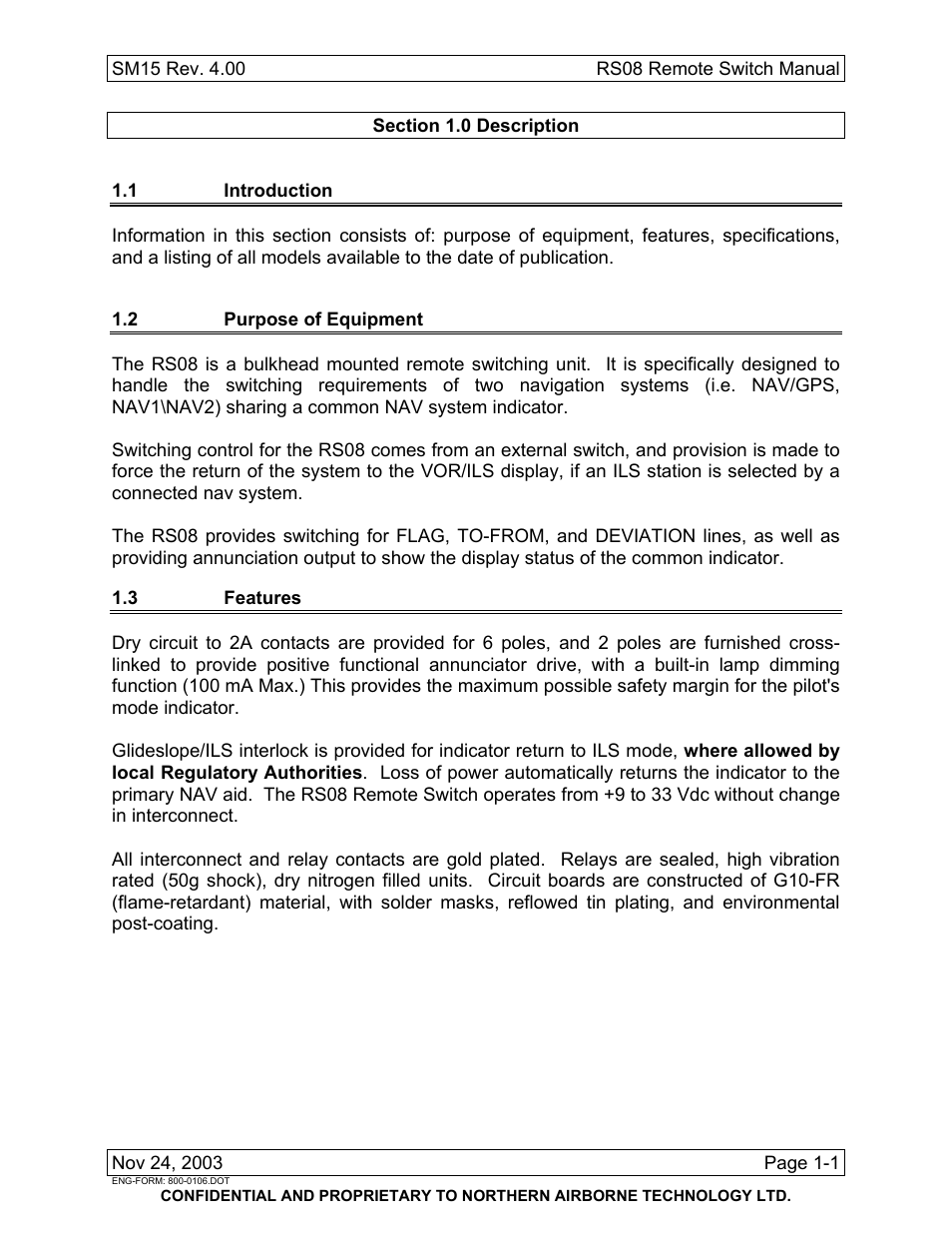 Description, 1 introduction, 2 purpose of equipment | 3 features | Northern Airborne Technology RS08 User Manual | Page 9 / 34