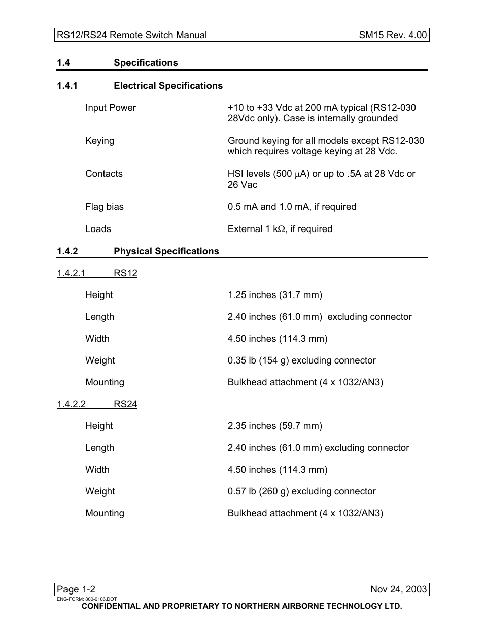4 specifications, 1 electrical specifications, 2 physical specifications | Northern Airborne Technology RS12 User Manual | Page 10 / 38