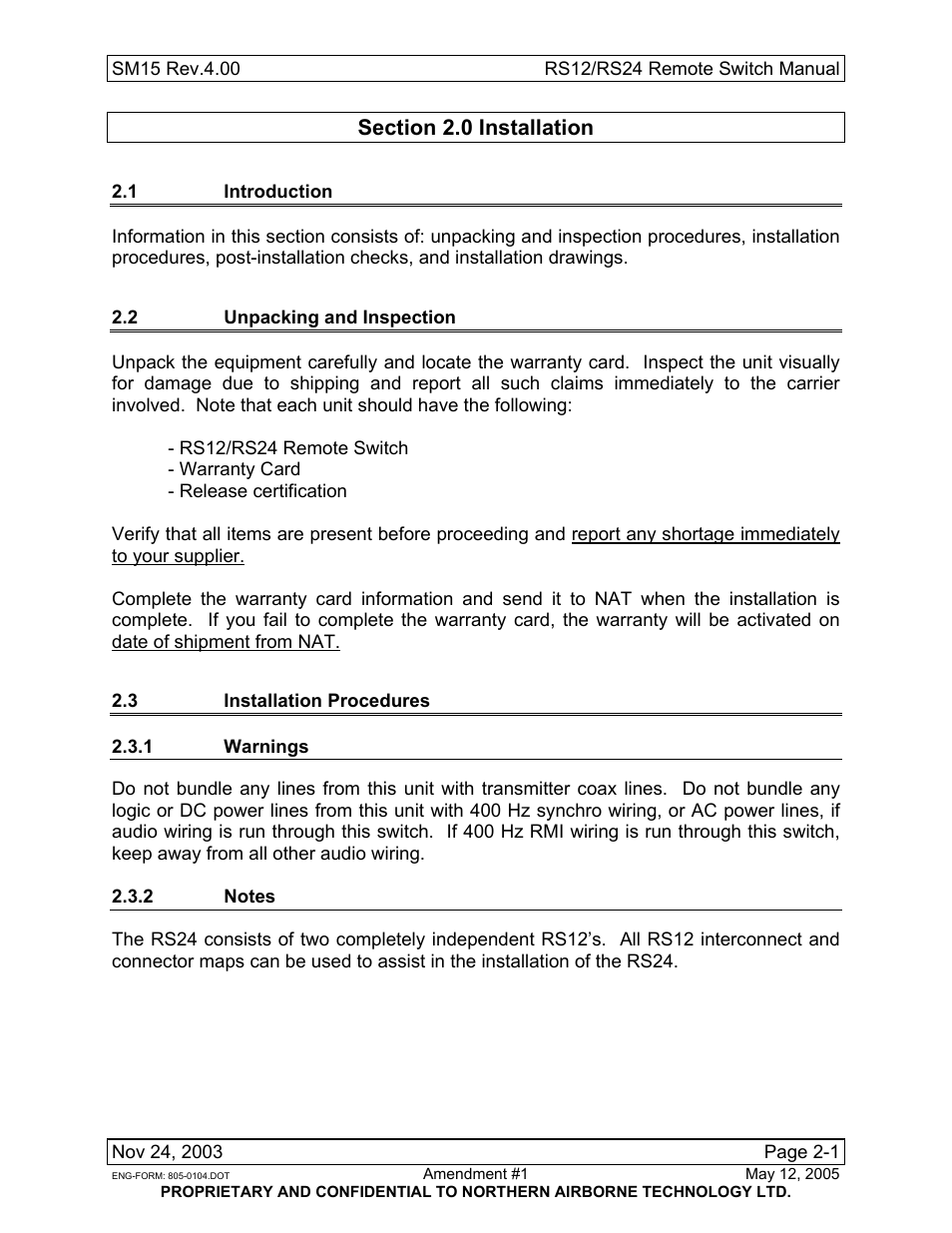 Installation, 1 introduction, 2 unpacking and inspection | 3 installation procedures, 1 warnings, 2 notes | Northern Airborne Technology RS12 User Manual | Page 15 / 38
