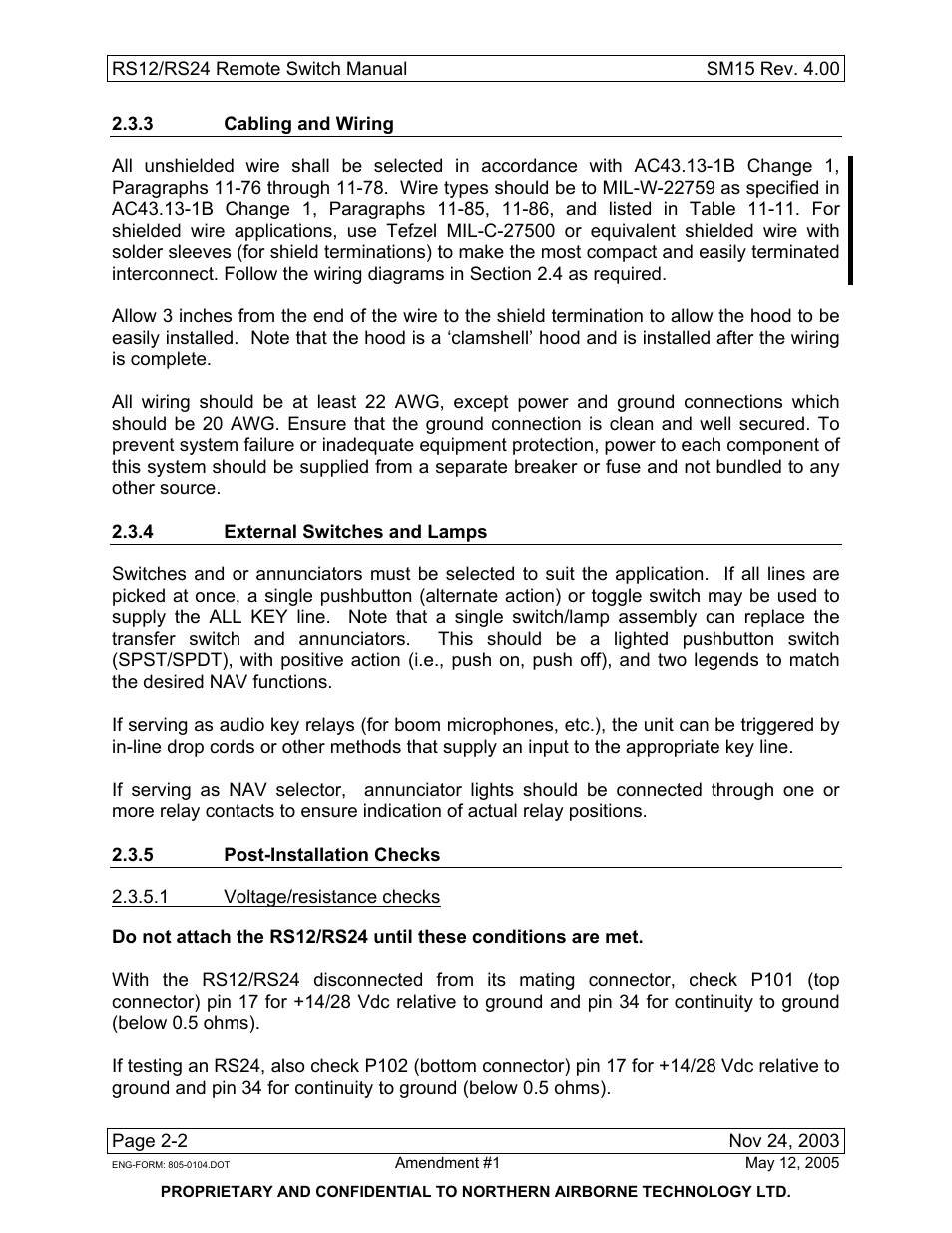 3 cabling and wiring, 4 external switches and lamps, 5 post-installation checks | Northern Airborne Technology RS12 User Manual | Page 16 / 38