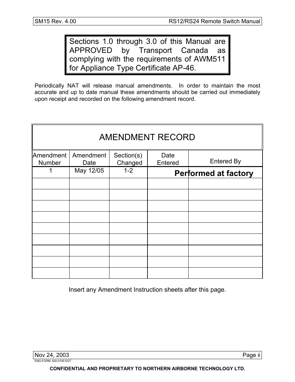 Amendment record, Performed at factory | Northern Airborne Technology RS12 User Manual | Page 3 / 38