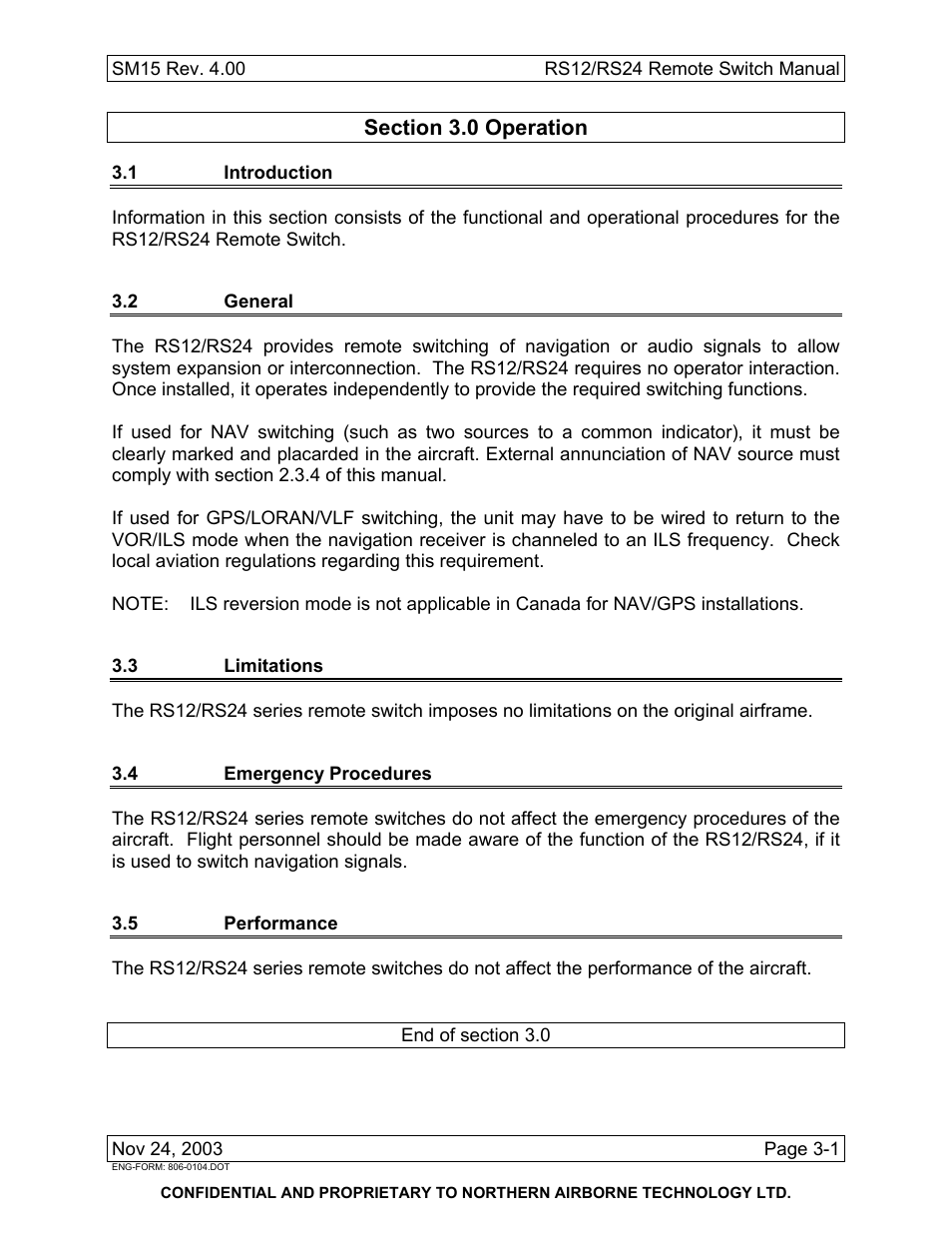 Operation, 1 introduction, 2 general | 3 limitations, 4 emergency procedures, 5 performance | Northern Airborne Technology RS12 User Manual | Page 37 / 38