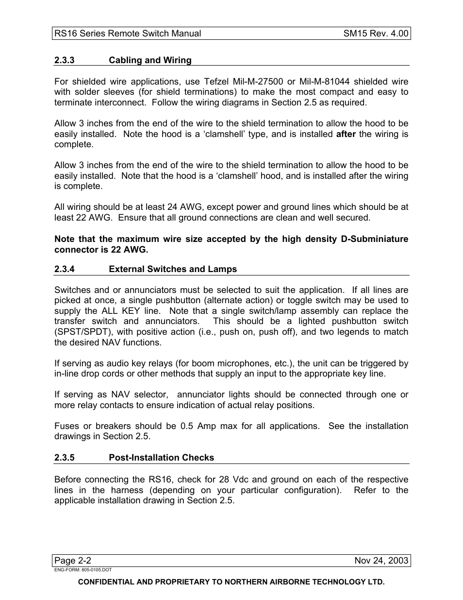 3 cabling and wiring, 4 external switches and lamps, 5 post-installation checks | Northern Airborne Technology RS16 User Manual | Page 10 / 30