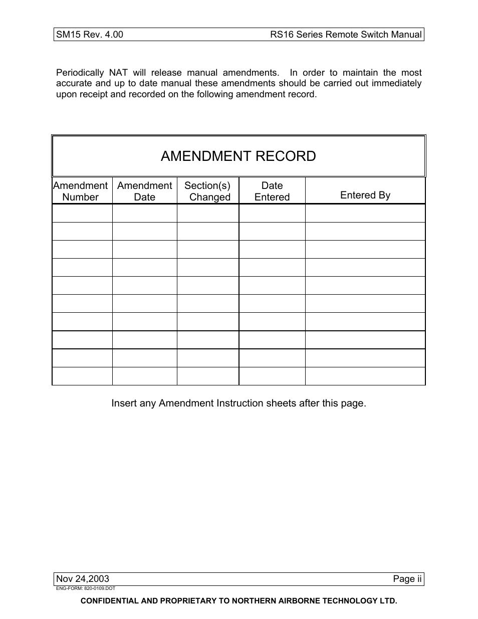 Amendment record | Northern Airborne Technology RS16 User Manual | Page 3 / 30