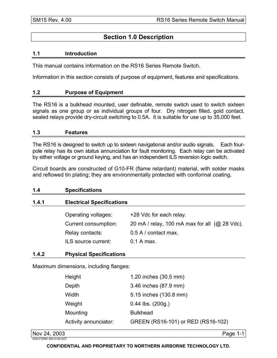 Description, 1 introduction, 2 purpose of equipment | 3 features, 4 specifications, 1 electrical specifications, 2 physical specifications | Northern Airborne Technology RS16 User Manual | Page 7 / 30