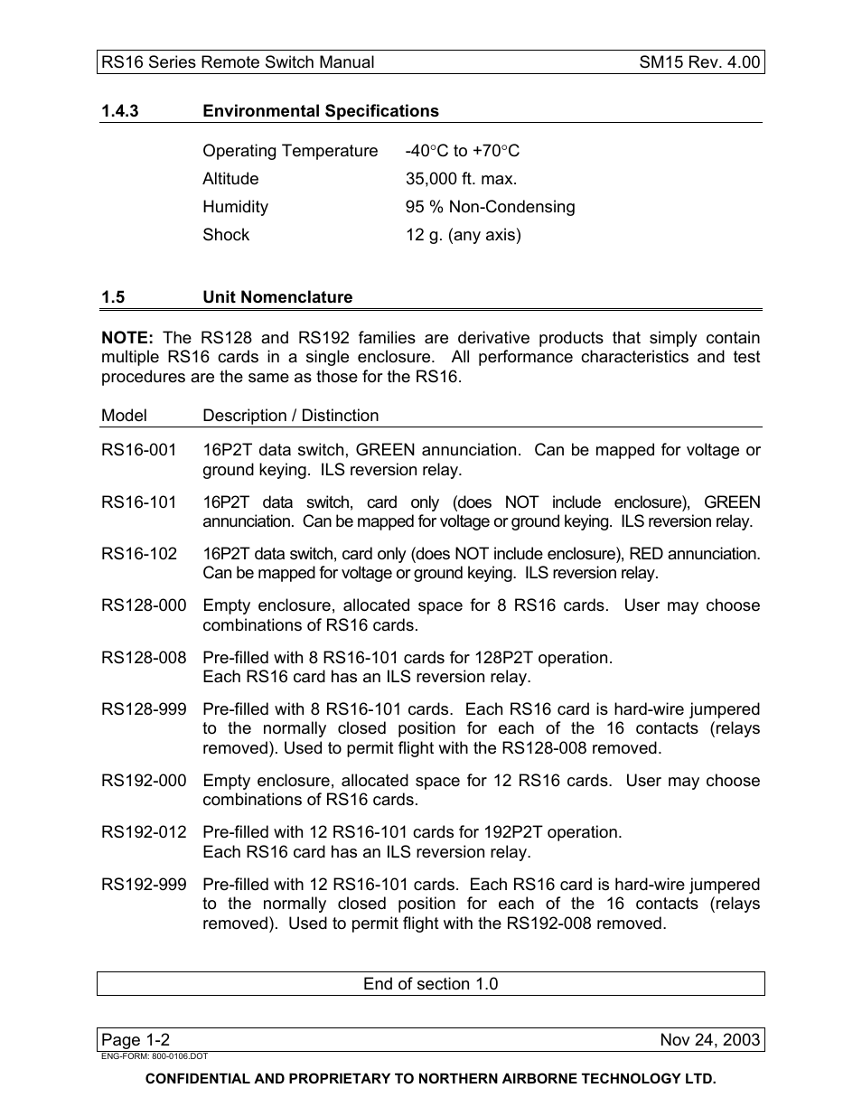 3 environmental specifications, 5 unit nomenclature | Northern Airborne Technology RS16 User Manual | Page 8 / 30