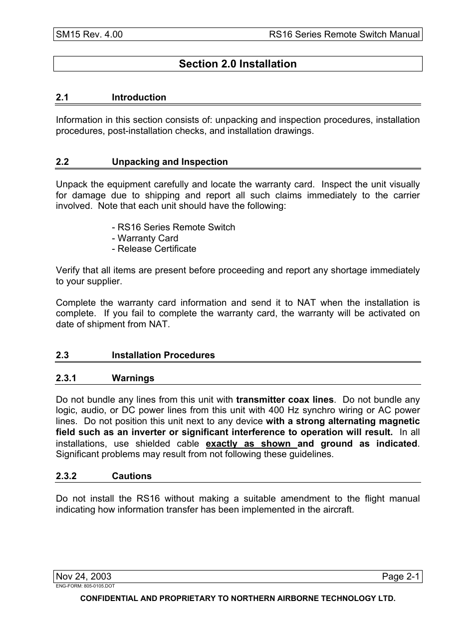 Installation, 1 introduction, 2 unpacking and inspection | 3 installation procedures, 1 warnings, 2 cautions | Northern Airborne Technology RS16 User Manual | Page 9 / 30