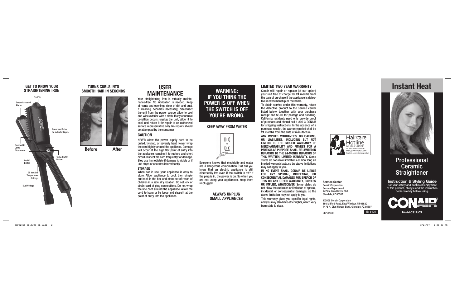 Instant heat, User maintenance, Professional ceramic straightener | After, Before | Conair CS19JCS User Manual | Page 2 / 2