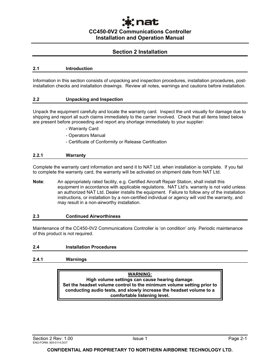 Installation, 1 introduction, 2 unpacking and inspection | 1 warranty, 3 continued airworthiness, 4 installation procedures, 1 warnings | Northern Airborne Technology CC250 User Manual | Page 11 / 46
