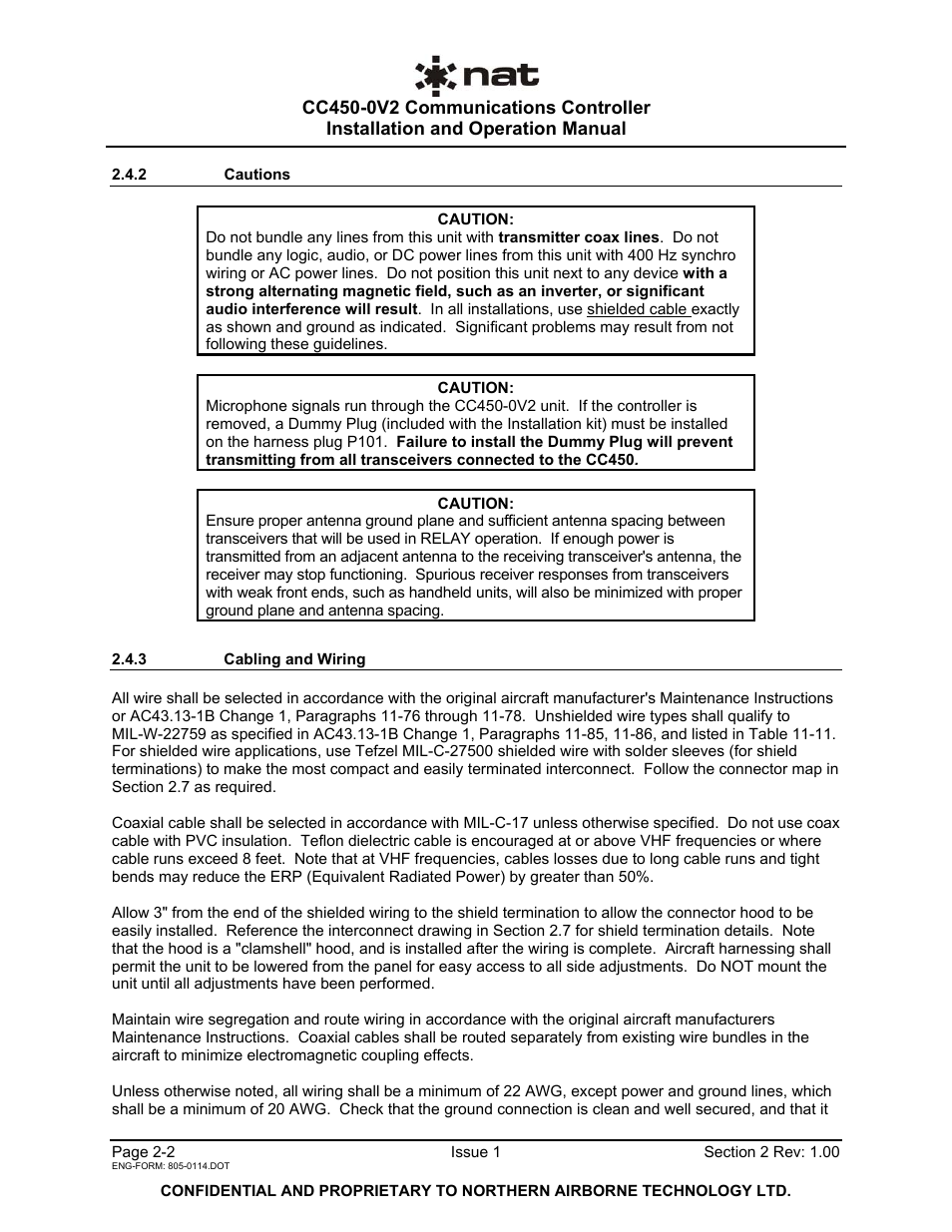 2 cautions, 3 cabling and wiring | Northern Airborne Technology CC250 User Manual | Page 12 / 46