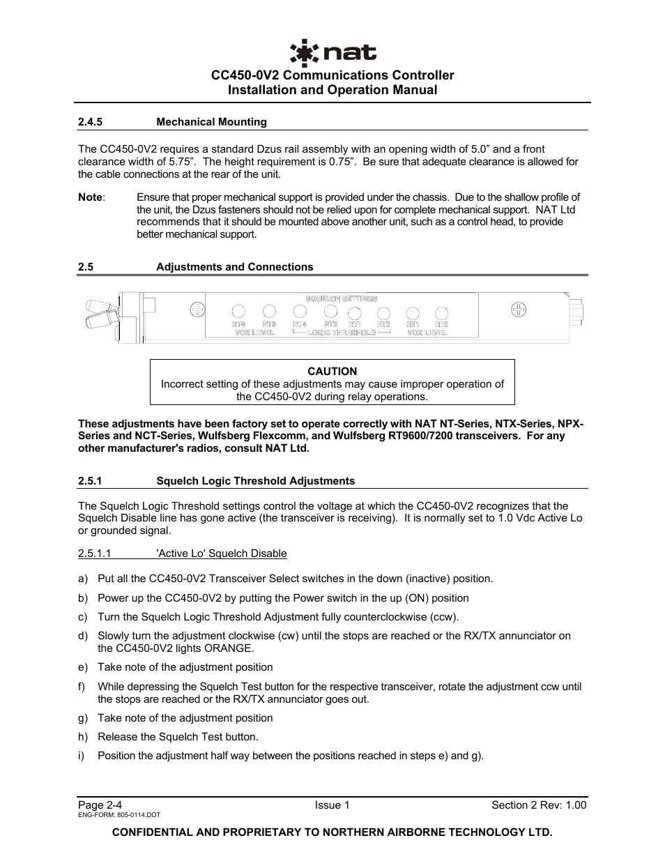 5 mechanical mounting, 5 adjustments and connections, 1 squelch logic threshold adjustments | Northern Airborne Technology CC250 User Manual | Page 14 / 46