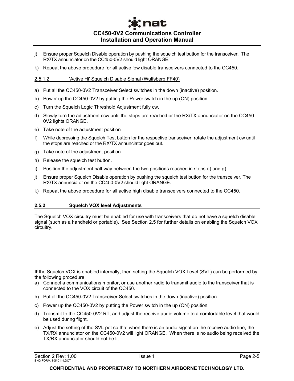 2 squelch vox level adjustments | Northern Airborne Technology CC250 User Manual | Page 15 / 46