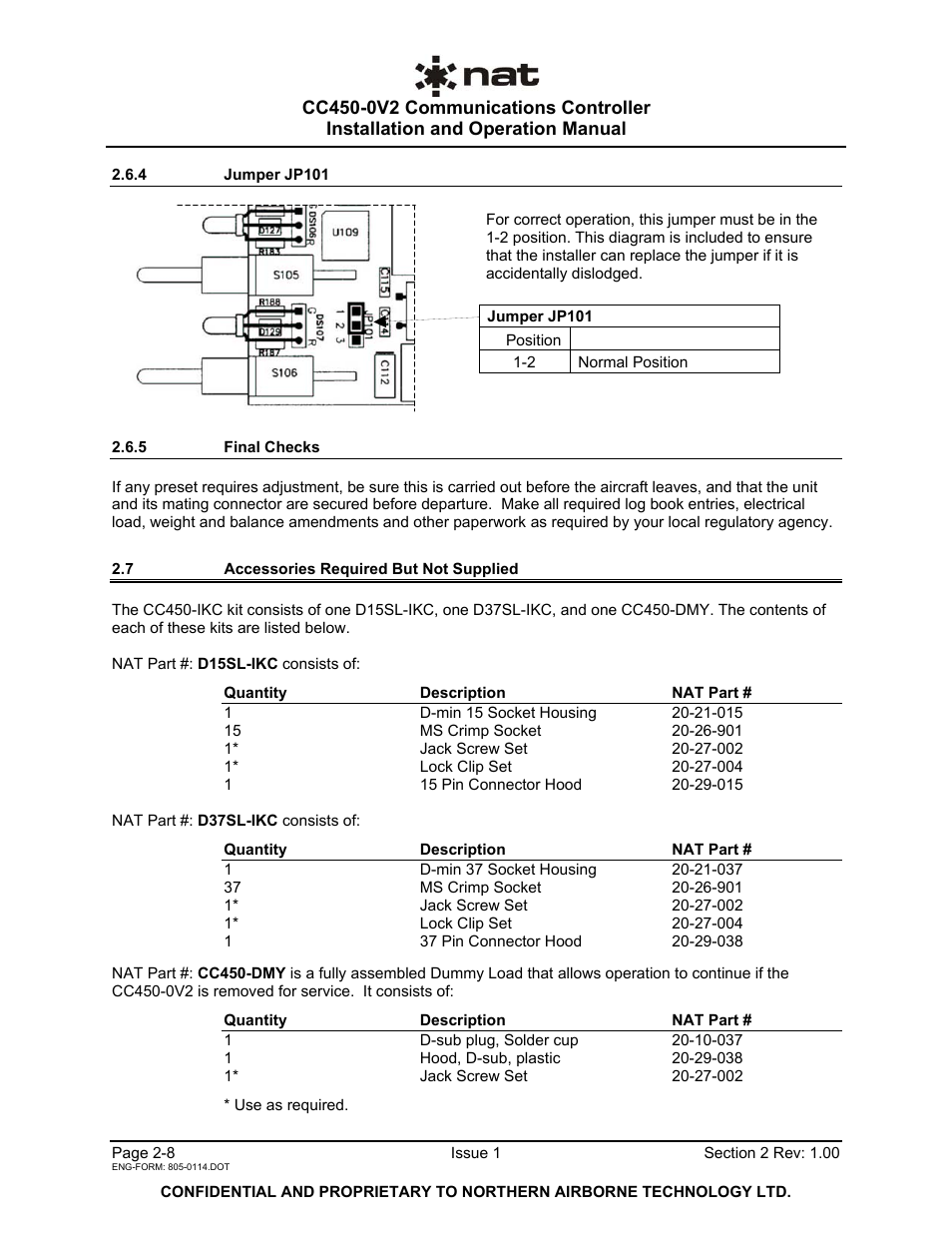 4 jumper jp101, 5 final checks, 7 accessories required but not supplied | Northern Airborne Technology CC250 User Manual | Page 18 / 46