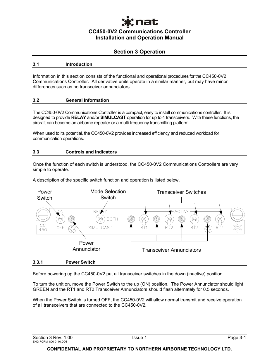 Operation, 1 introduction, 2 general information | 3 controls and indicators, 1 power switch | Northern Airborne Technology CC250 User Manual | Page 43 / 46
