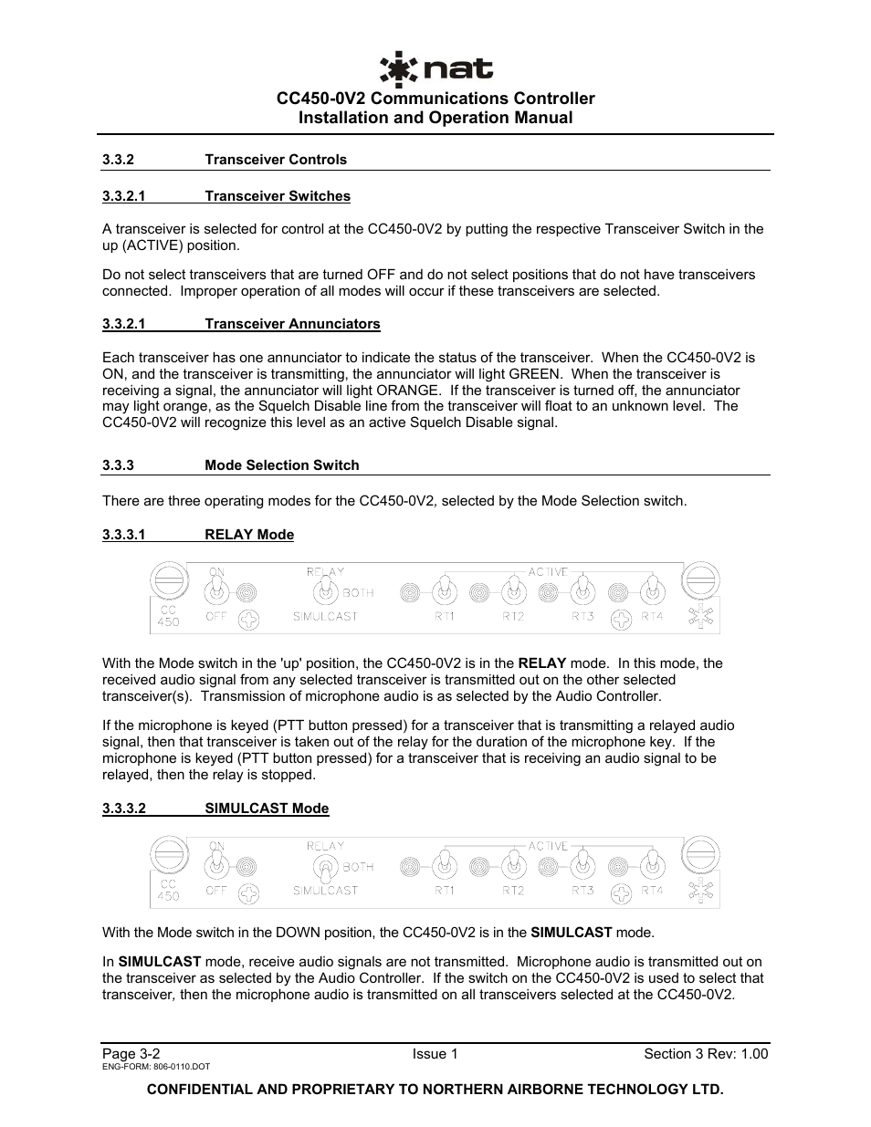 2 transceiver controls, 3 mode selection switch | Northern Airborne Technology CC250 User Manual | Page 44 / 46