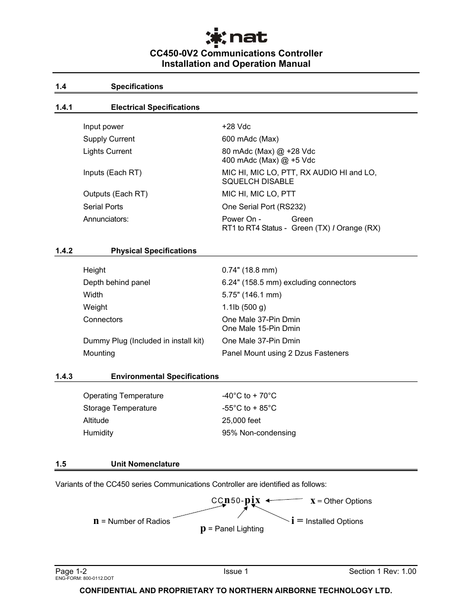 4 specifications, 1 electrical specifications, 2 physical specifications | 3 environmental specifications, 5 unit nomenclature | Northern Airborne Technology CC250 User Manual | Page 8 / 46