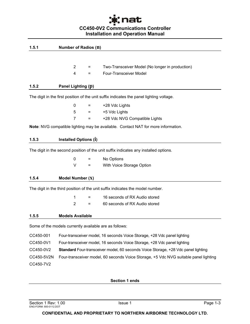 1 number of radios (n), 2 panel lighting (p), 3 installed options (i) | 4 model number (x), 5 models available | Northern Airborne Technology CC250 User Manual | Page 9 / 46