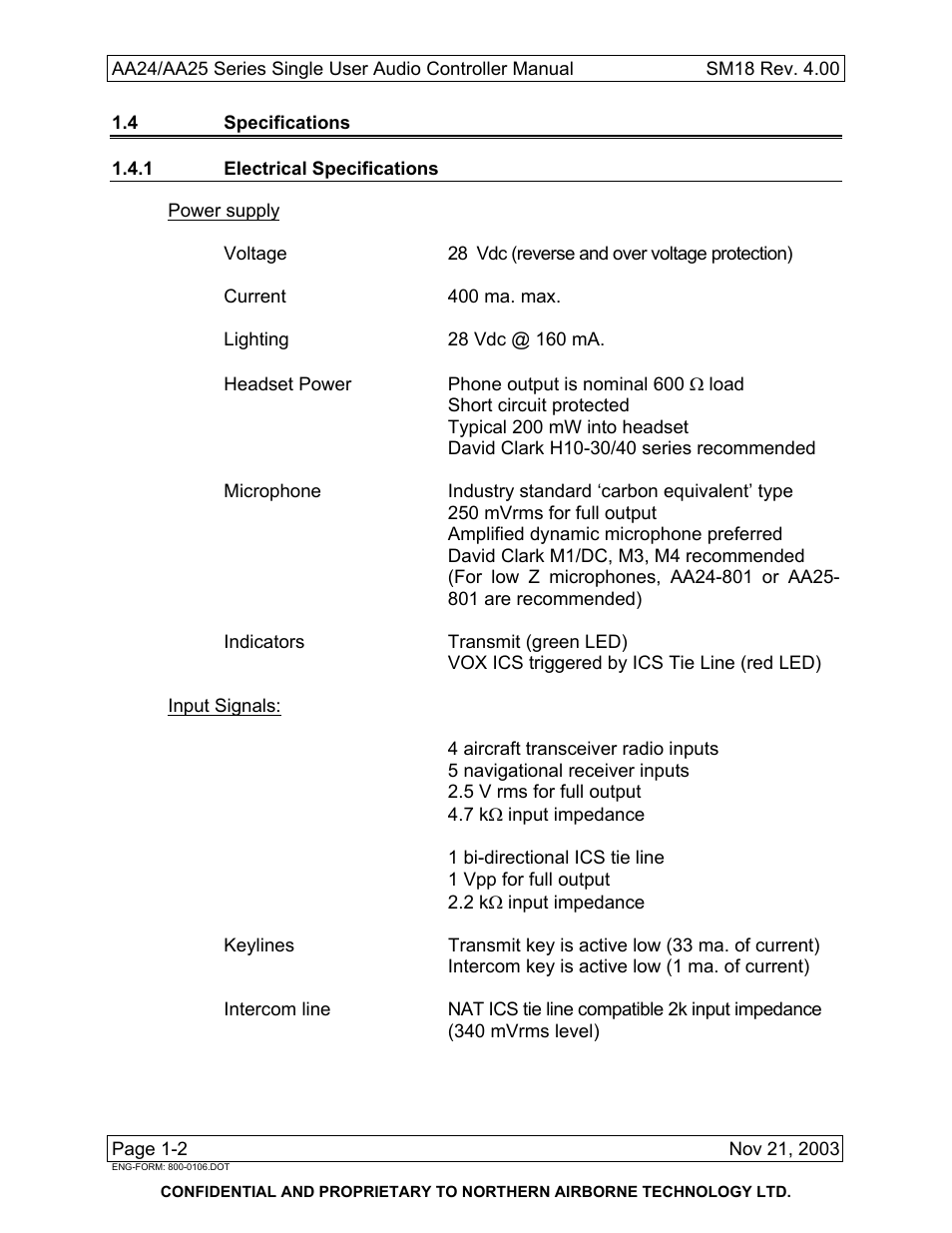 4 specifications, 1 electrical specifications | Northern Airborne Technology AA24 User Manual | Page 10 / 45
