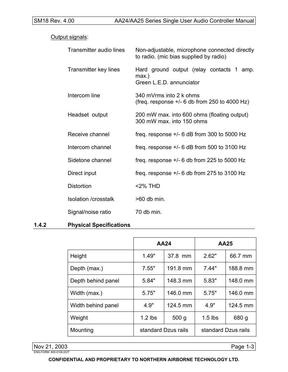 2 physical specifications | Northern Airborne Technology AA24 User Manual | Page 11 / 45