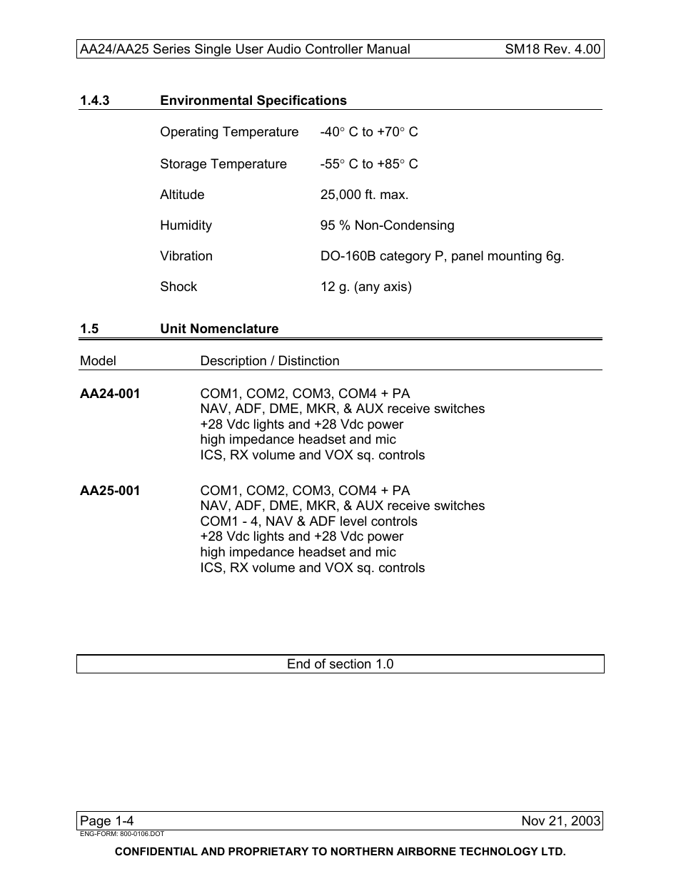 3 environmental specifications, 5 unit nomenclature | Northern Airborne Technology AA24 User Manual | Page 12 / 45