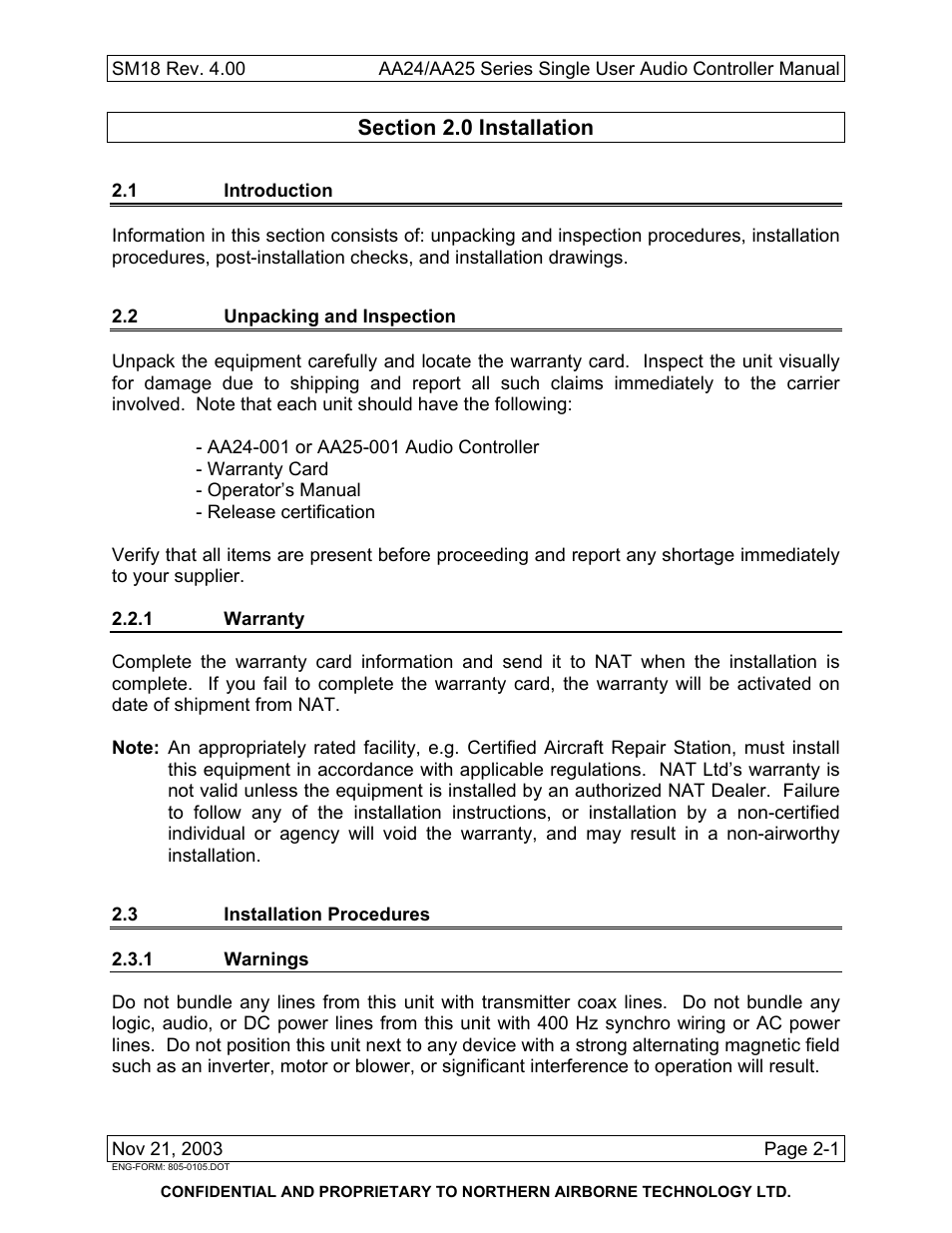 Installation, 1 introduction, 2 unpacking and inspection | 1 warranty, 3 installation procedures, 1 warnings | Northern Airborne Technology AA24 User Manual | Page 13 / 45